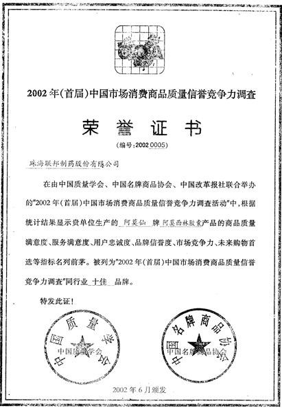 阿莫西林胶囊被列为“2002年（首届）中国）市场消费商品质量信誉竞争力调查同行业十佳品牌”