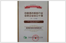 中国西药原料行业会员企业出口十强