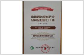 中国西药原料行业会员企业出口十强